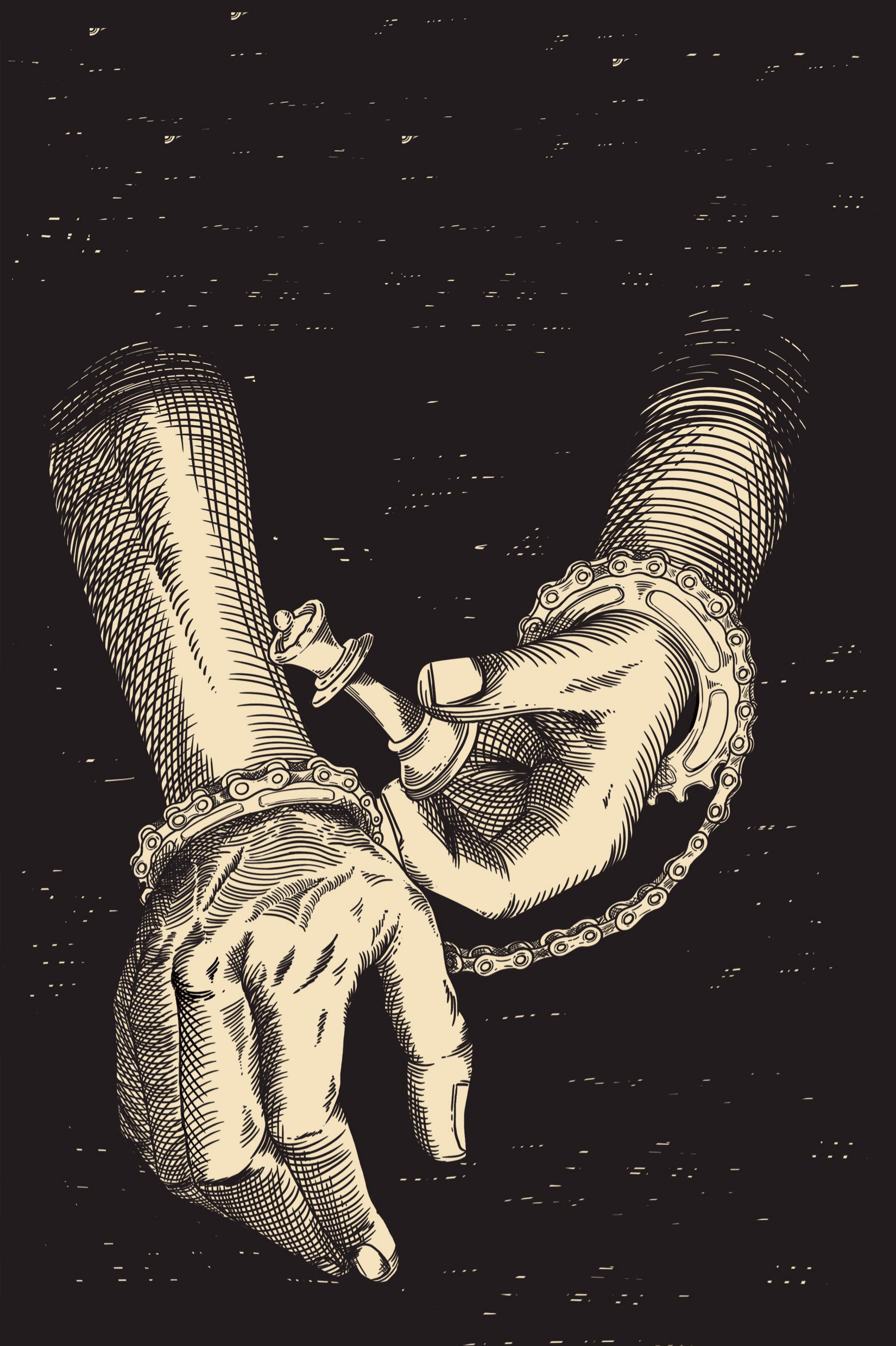 Manos encadenadas sosteniendo el rey de ajedrez — ilustración de portada